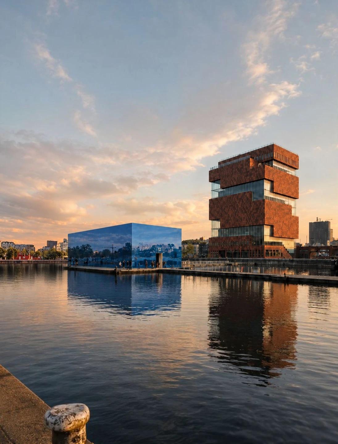 Le cube bleu sur l’eau à côté du MAS à Anvers